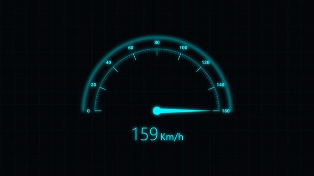 Futuristic glowing blue speedometer motion graphics loop displaying speed increase on dark screen.