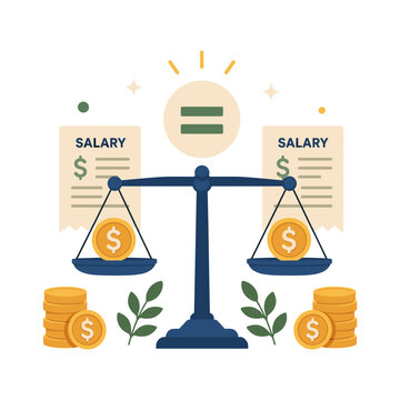 Pay equity illustration with salary documents, balance scale, money bags and coins for equal compensation and fair wage concepts