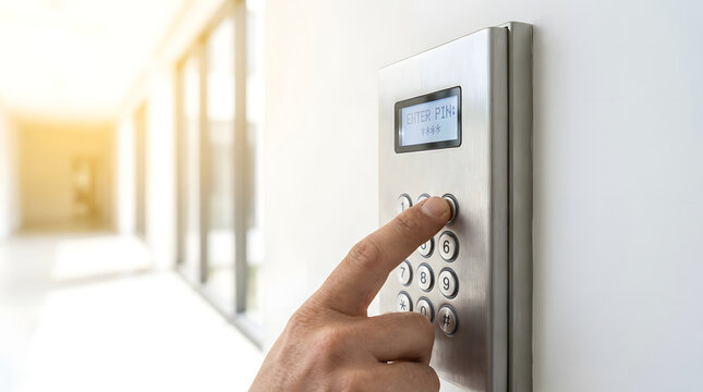 Hand entering secure PIN code on a modern metal keypad in a bright office hallway for access control and building security.