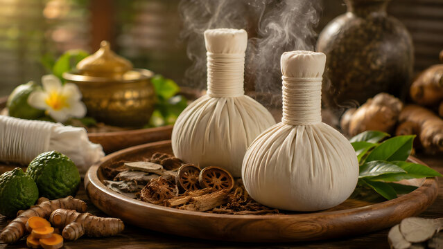 Steaming herbal compress balls with herbs and spices in spa setting