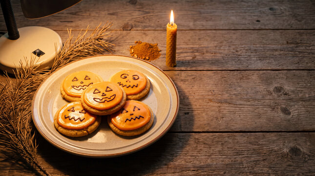 Halloween pumpkin face frosted cookies on vintage plate with candlelight, cute autumn treat banner.