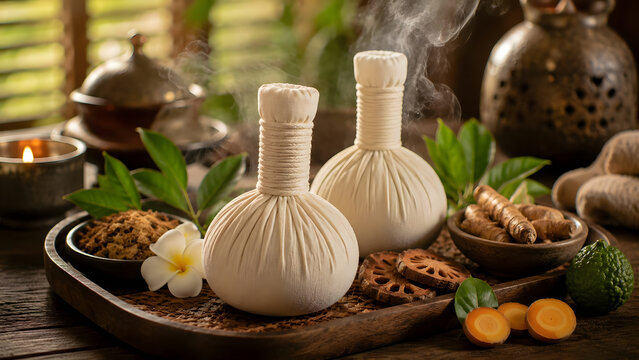 Steaming herbal compress balls with herbs and frangipani flower on wooden tray