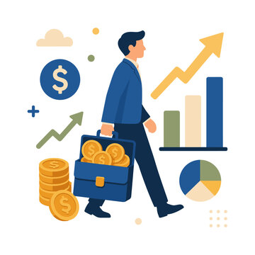 Business growth illustration with businessman, money briefcase and rising chart for profit, career and financial success concepts