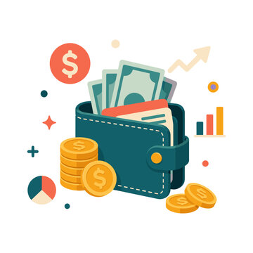 Wallet and cash illustration with coins and rising financial chart for personal finance, savings and money management
