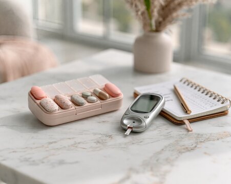 Top-down view of glucometer with test strips and notebook on marble tabletop by window, with glucometer, teststrip, meter, blood detail, showing glucose, diabete, monitoring, healthcare context