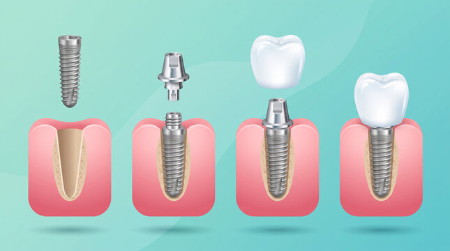 Dental Implant Procedure Steps Illustration Showing Screw Abutment and Crown Installation into Gum