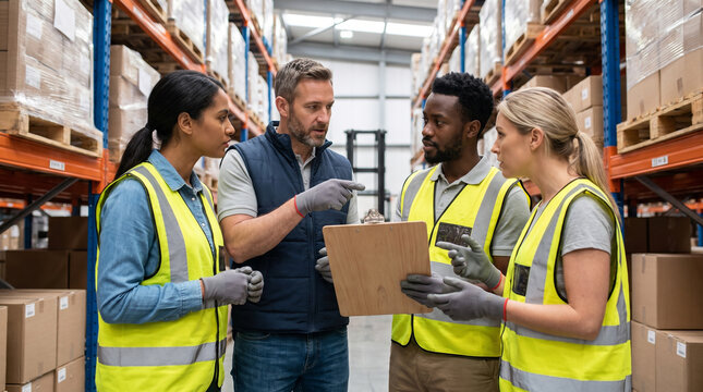 Team of diverse warehouse workers discussing inventory with clipboard standing in storage facility