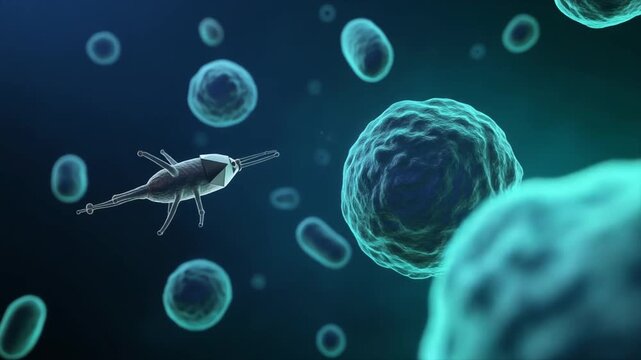 Scientific bacteriophage visualization approaching a bacterial cell for microbiology education, biotechnology research, laboratory presentations, and healthcare communication.