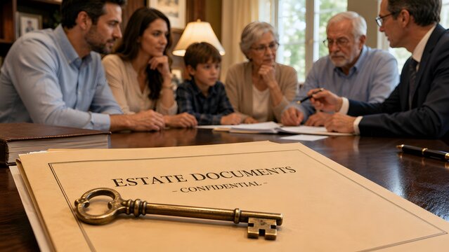 Estate Planning and Inheritance Consultation with Family and Financial Advisor, Estate Documents and House Key on Desk, Will, Probate, Property Transfer, Legacy and Wealth Management Concept