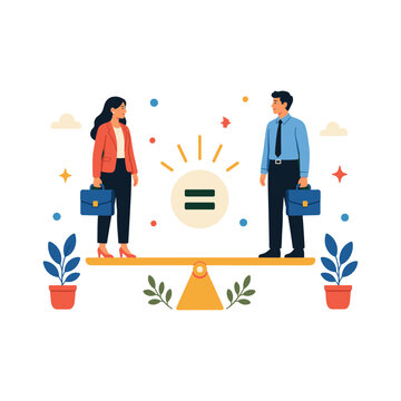 Equal pay illustration with male and female employees balanced on a scale for salary equality and workplace fairness