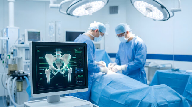 A team of professional surgeons performing hip replacement surgery in a sterile operating room, featuring a medical monitor displaying an anatomical pelvis scan with a prosthetic joint implant.