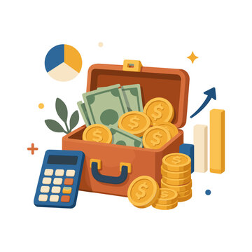 Business finance illustration with cash filled briefcase, calculator, coins and growth chart for investment and accounting