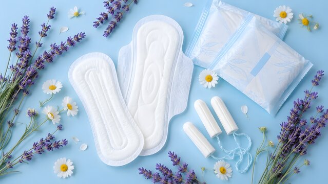 Feminine Hygiene Products with Sanitary Pads, Tampons and Menstrual Supplies Arranged with Lavender and Chamomile Flowers, Women&rsquo;s Period Care, Personal Health and Wellness Concept
