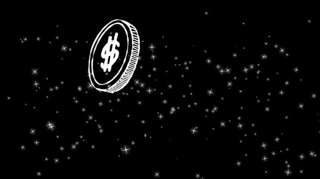 Animated dollar coins falling on black background with sparkles