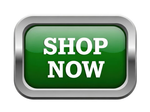 Green glossy rectangular shop now web button with silver metallic border frame isolated on transparent background