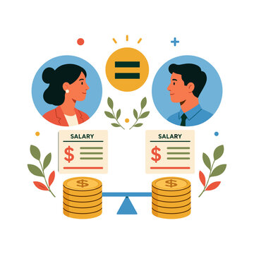 Pay equity illustration with employee profiles, salary documents and balance scale for equal compensation and workplace fairness
