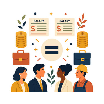 Workplace equality illustration with diverse employees and salary documents for fair wages, pay transparency and equal opportunity