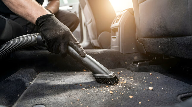 Professional detailer in black gloves vacuuming crumbs and dirt from a car floor mat using a brush attachment, providing deep interior vehicle cleaning and maintenance service.