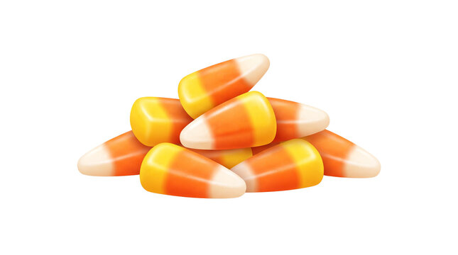 Halloween candy corn pile isolated on white background. Festive orange and yellow sugar sweets. Traditional autumn holiday treats.