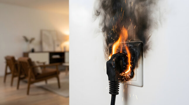 Dangerous electrical fire at a wall outlet with flames, sparks, and black smoke in a home, representing short circuit hazards and domestic fire safety risks.