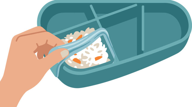 Hand opening a divided teal bento lunch box with rice and vegetables, flat vector illustration for meal planning