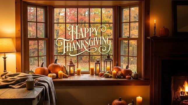 Cozy rustic living room window decorated with pumpkins and candles for a warm and inviting happy thanksgiving celebration