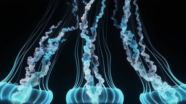 Abstract bioluminescent jellyfish neon glowing tentacles floating in dark ocean space with reflections on glass surface.