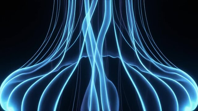 Bioluminescent neon jellyfish animation with glowing blue tentacles flowing on black background in futuristic digital motion graphic