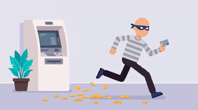 Financial crime concept with thief running from ATM with stolen card and money