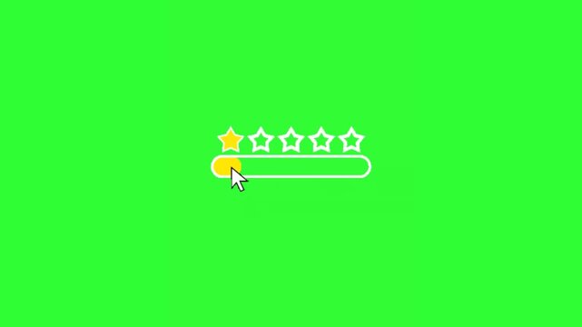 Clean five star rating and review animation featuring a mouse cursor interacting with a horizontal rating bar on a bright green screen background. Perfect for customer feedback, product reviews, servi