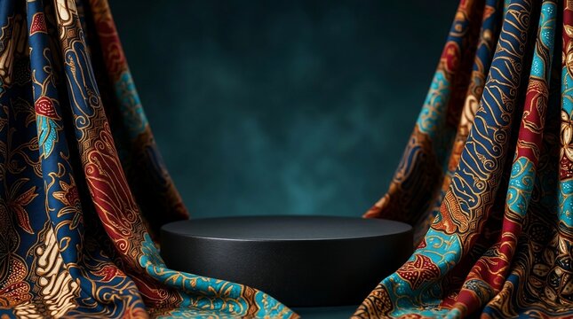 Decorative fabric stage with dark pedestal for product display
