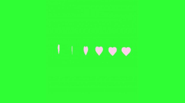 Cute pink heart icons arranged in a horizontal row with subtle animated movement on a bright green screen background. This romantic motion graphic is ideal for love messages, Valentine&rsquo;s Day content, 
