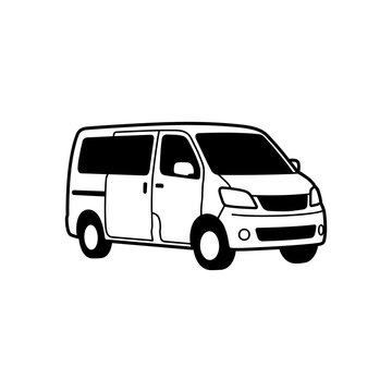 A black and white line drawing depicts a delivery van with open side door automobile