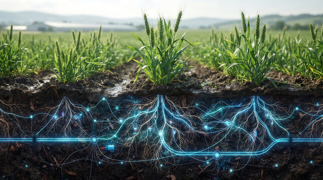 Smart agriculture concept with digital root network, futuristic farming technology, glowing blue data lines in soil under green crops