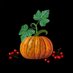 Orange pumpkin with green leaves and red berries embroidery design. Autumn harvest needlework stitch style. Fashion clothing patches stickers print. Black background hand-stitched vector art. © LuckyStep