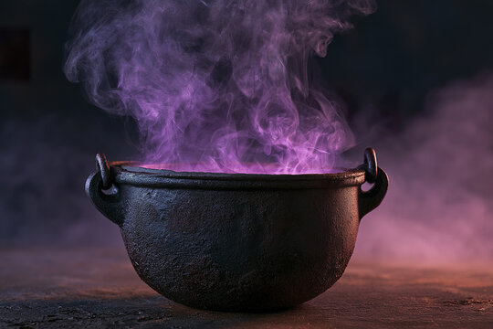 Purple magic brewing in black cauldron with bright violet glow and swirling smoke creating mysterious atmosphere