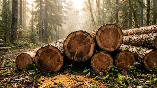 Stacked timber logs in a sunlit forest clearing showing detailed tree rings and bark texture, representing the lumber industry and natural woodland resources.