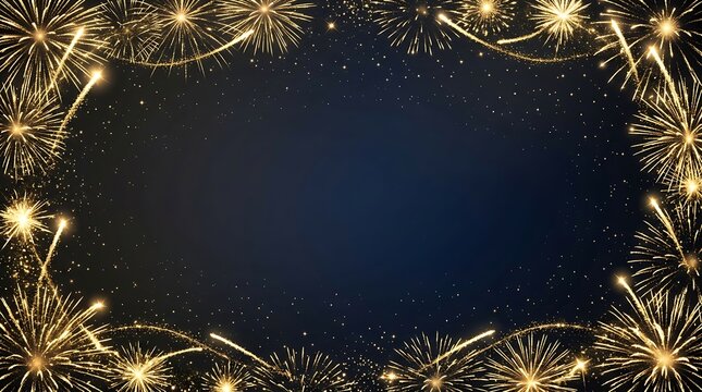 Festive golden fireworks border background with sparkling lights for holiday celebration design template