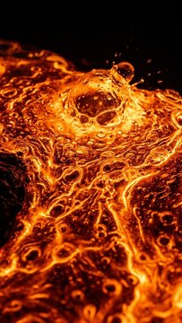 Molten gold liquid splashing with bubbles in dark macro environment featuring cinematic glowing heat