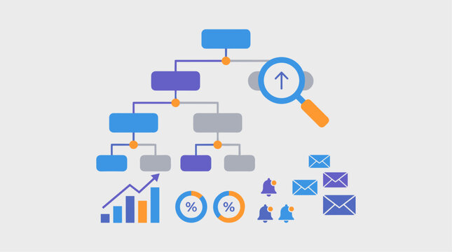 Flat design vector illustration of a business flowchart with data charts, magnifying glass, and notification icons on a light grey background