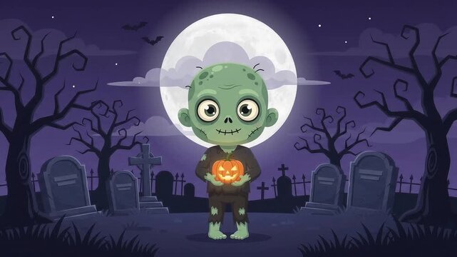 Young boy in zombie costume holding glowing jack o lantern at night