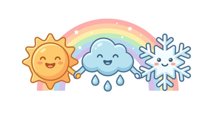 Obraz premium Cute weather characters sun cloud and snowflake holding hands