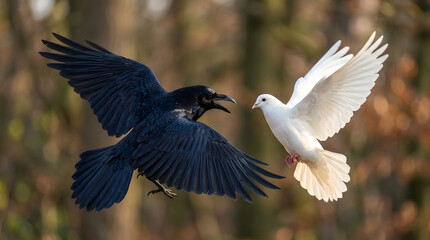 Obraz premium Dramatic mid-air confrontation between a black raven and a white dove in a forest, representing the symbolic contrast of peace and conflict, light and dark, in a natural setting.