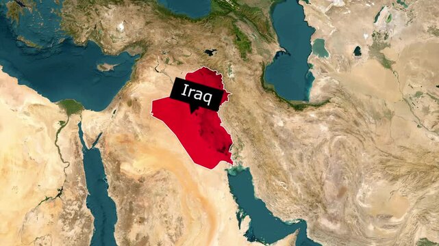 Iraq map location highlighted in red on earth globe satellite animation motion graphics showing middle eastern geography with text label in high quality stock video footage