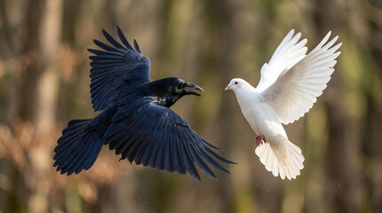 Obraz premium Dramatic mid-air confrontation between a black raven and a white dove in a forest, symbolizing duality and the struggle between light and dark in nature.