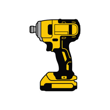 Yellow and black impact wrench illustration depicts a cordless power tool with a battery pack