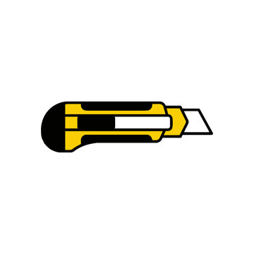 Utility knife with a yellow and black handle rests on a white background blade cutting