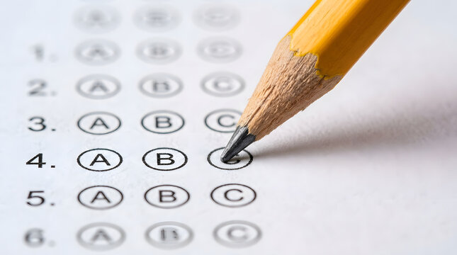 Macro view of a yellow pencil marking a circular bubble on a standardized multiple choice answer sheet during an academic exam or survey.