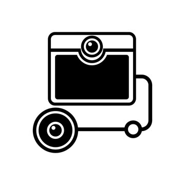 Security camera silhouette displays a lens and rectangular housing against a white background surveillance monitoring