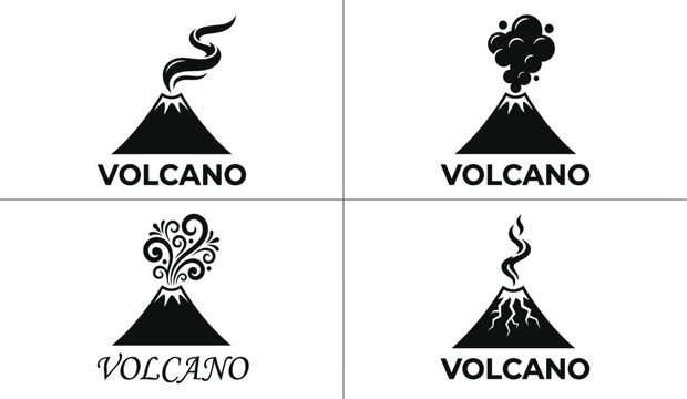 Set of four minimalist volcano logo icons featuring mountain silhouettes with smoke clouds and ash eruptions in black and white vector style for branding and nature designs.
